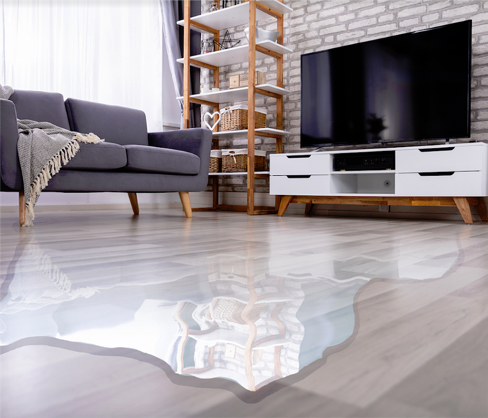 water covering wood floor of a living room